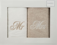 Komplet Ręczników Mr Mrs 2szt 50x90cm Kremowy