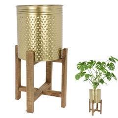 Doniczka metalowa złota na drewnianym stojaku kwietnik osłonka na rośliny kwiaty 50 cm