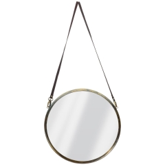 Lustro okrągłe w metalowej ramie loft na pasku stare złoto 42 cm