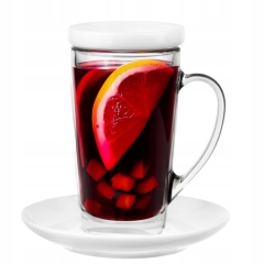 Kubek Alex szklany 400ml ze spodkiem i wieczkiem ZESTAW IDEALNY NA PREZENT