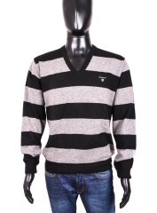Gant Mens Sweater Wool V-Neck Stripes Grey L