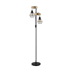 Eglo Lampa podłogowa TOWNSHEND czarna z drewnem i metalowym kloszem 2xE27