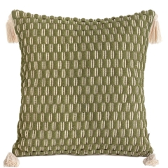 BOHO POSZEWKA OLIWKOWA CHWOSTY 45X45 POMPONY