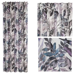 BIAŁA ZASŁONA FIOLETOWE LIŚCIE NA TAŚMIE 140X270